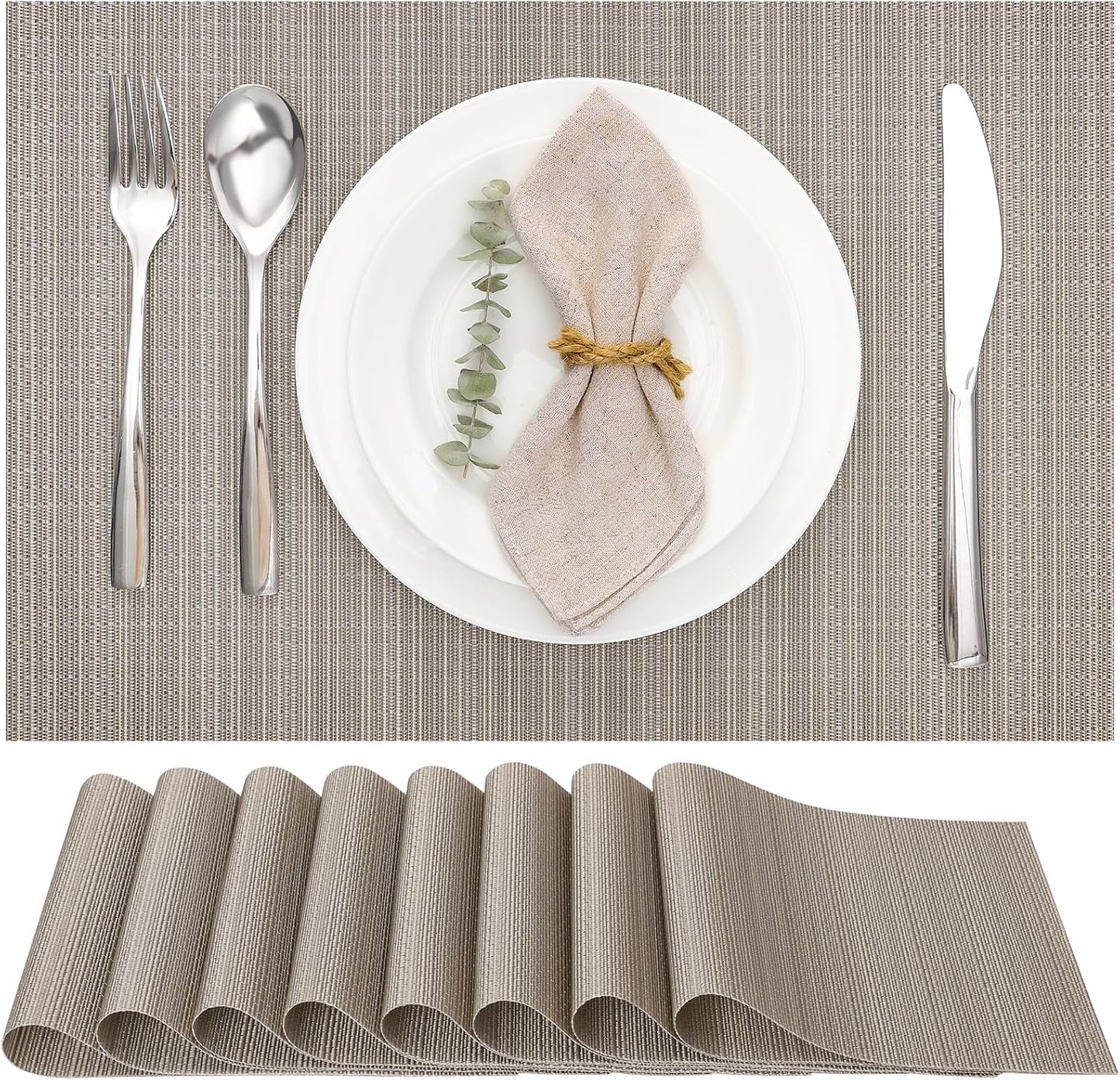 Myir JUN Placemats Set of 8, Vinyl Woven Placemats Place Mats Indoor Set of 8 Washable Table Mats Non-Slip Place mats for Dining Table (Golden Silver, Set of 8)