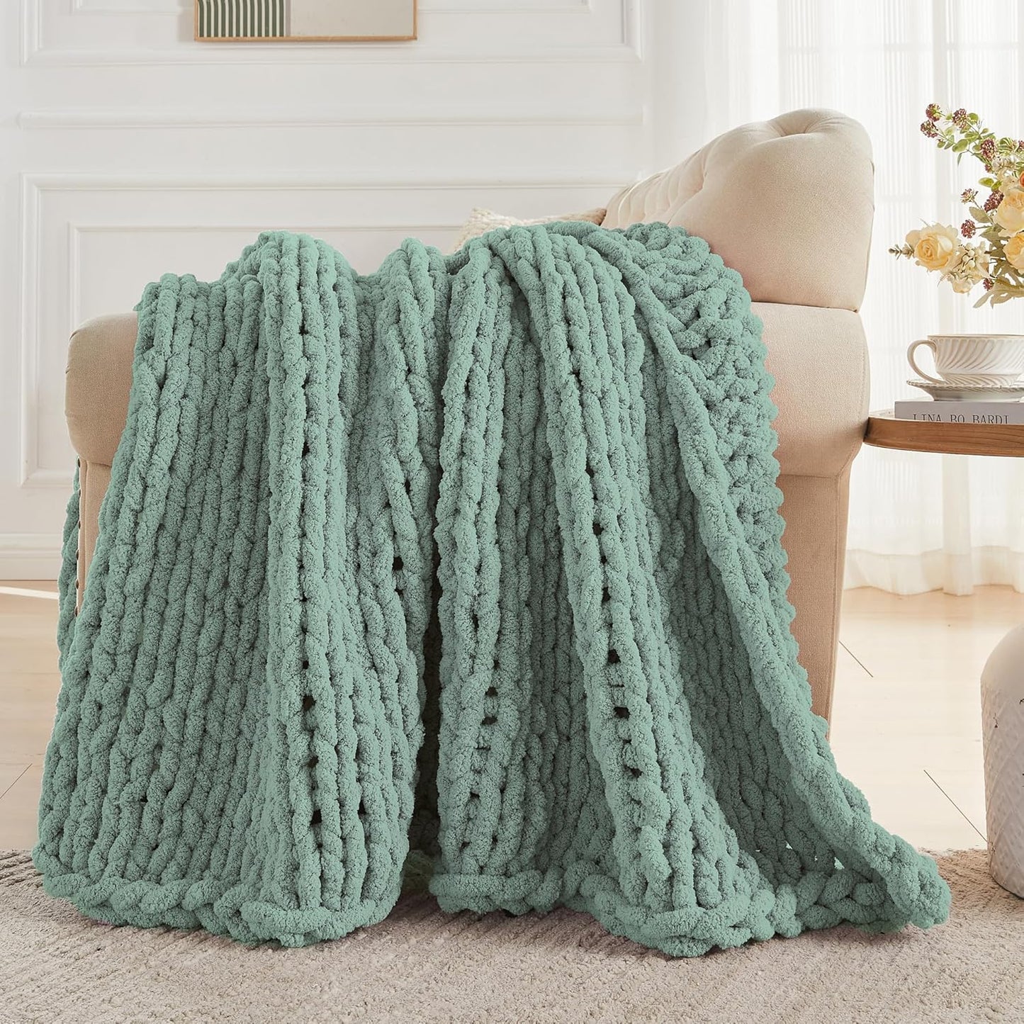 Carriediosa Chunky Knit Throw Blanket 60" X 80" Twin, 100% Hand Made Large Chenille Loop Yarn Soft Fluffy Throws for Couch Sofa Bed, Big Crochet Cozy Heavy Thick Cable Woven Blankets, Sage Green