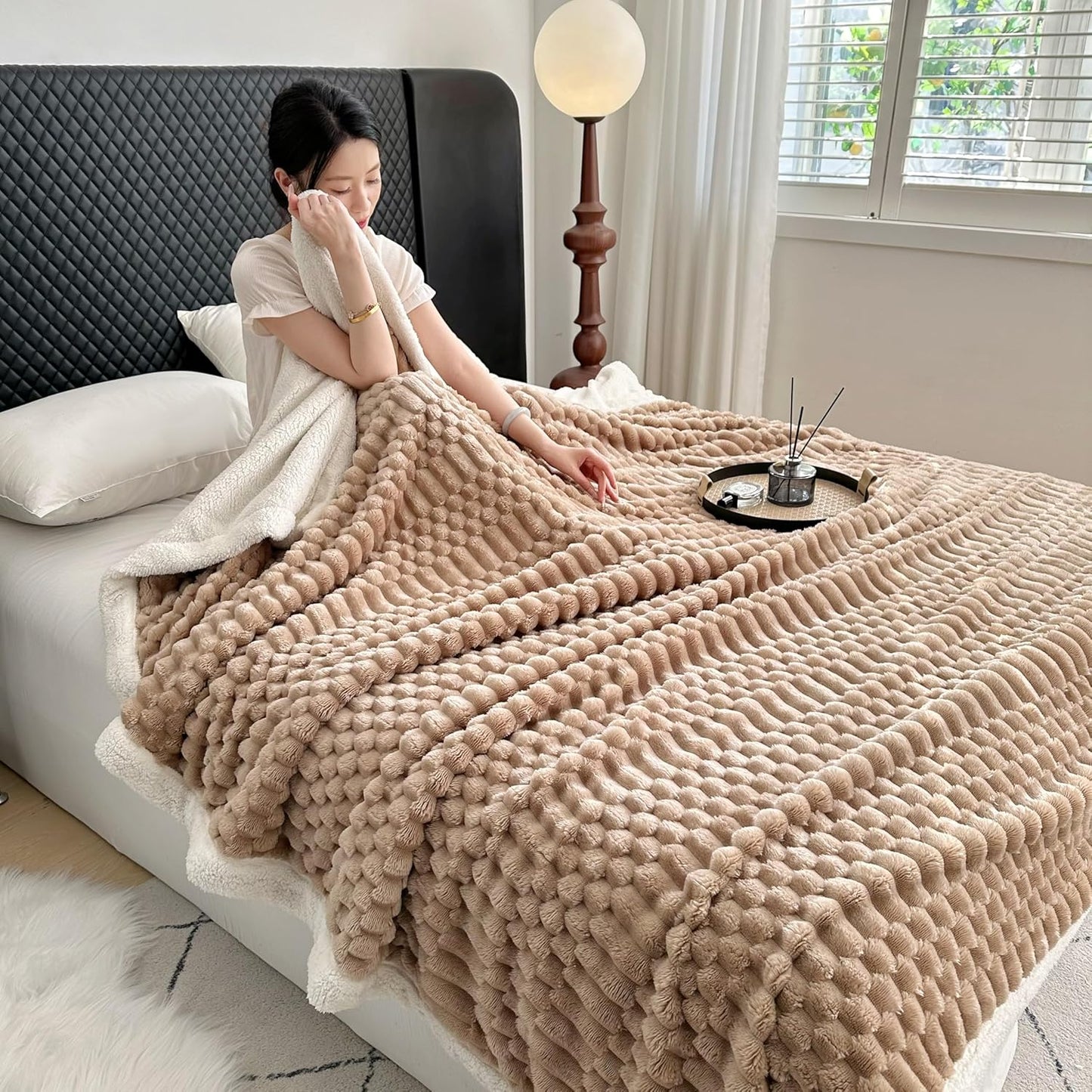 UKELER Sherpa Throw Blanket 60 × 80 inch, 470 GSM Striped Sherpa Fleece Blanket for All Season, Warm and Cozy Blankets for Couch Sofa Bed Office Camping, Camel