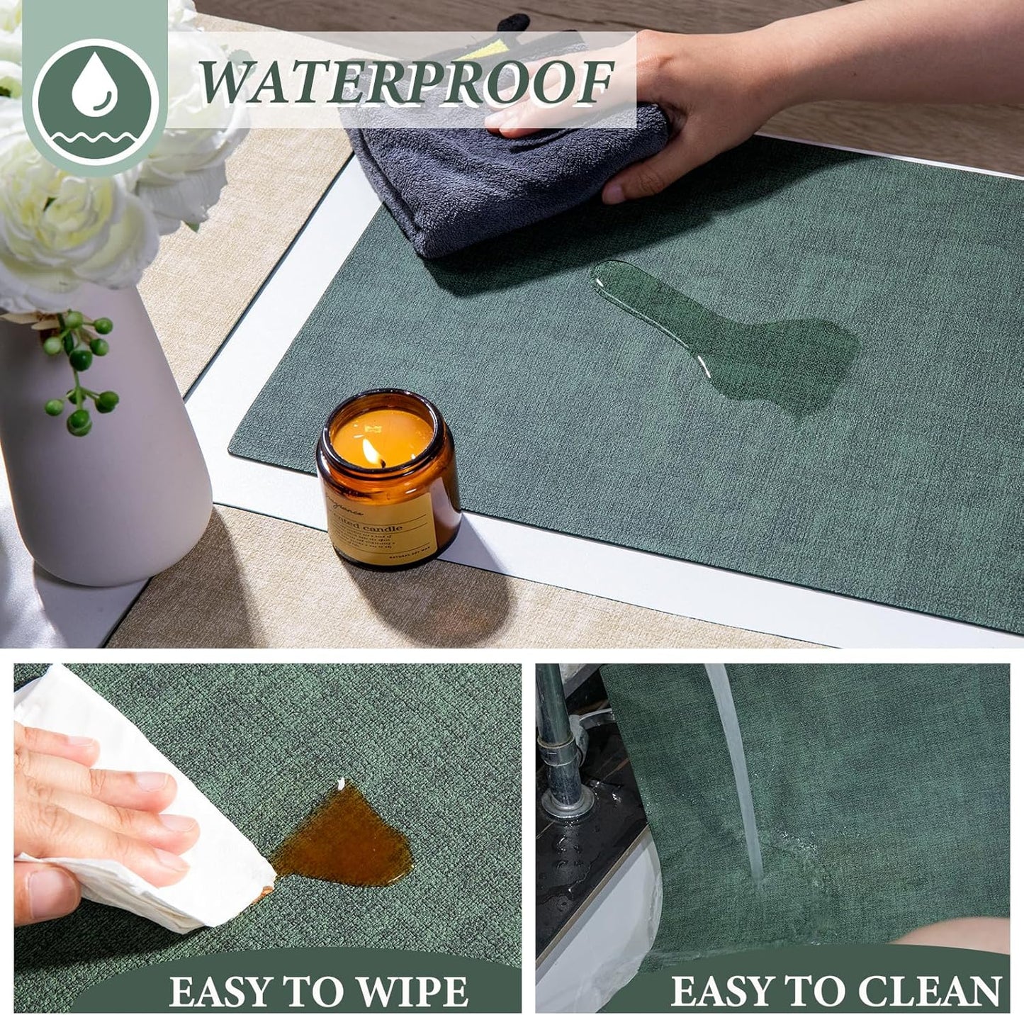 SUEH DESIGN Leather Placemats Set of 6 Reversible Table Mats Heat Resistant Waterproof No-Slip Place Mats for Dining Table Kitchen Parties, Dark Green and Beige