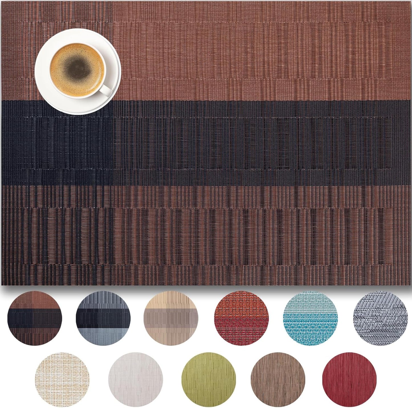 Placemats Set of 8 - Easy Clean Woven Vinyl Placemats for Dining Table, Indoor/Outdoor Place Mats, Washable PVC Table Mats （Ombre Brown Black）