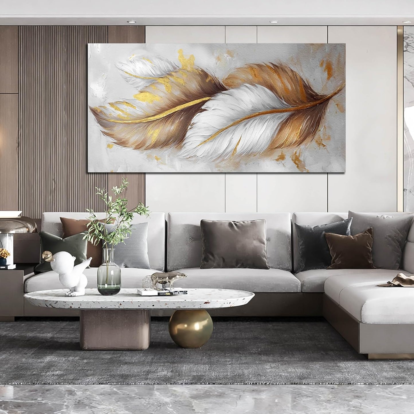 Leaf Canvas Wall Art for Living Room Large Size - White and Brown Gold Pictures Wall Art for Bedroom - Modern Wall Art Office Size 29" x 59"