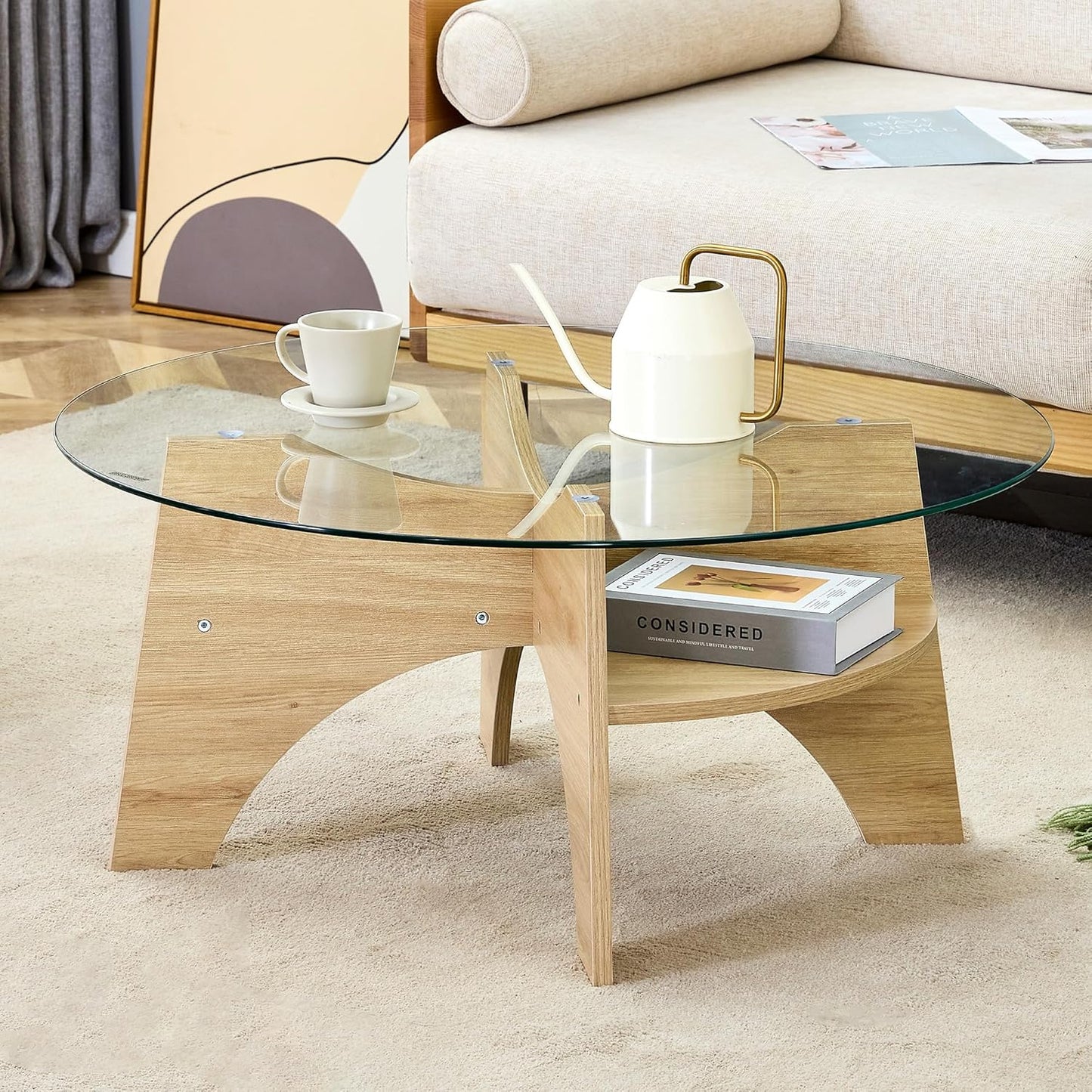 31.5" Round Glass Coffee Table with Tempered Glass Top and MDF Base, Diagonal Fan-Shaped Tray Design Table Leg Simple & Modern Center Table for Living Room Office Apartment Wood