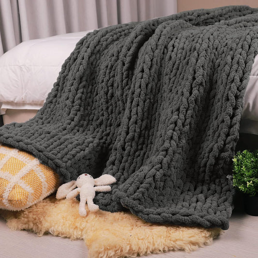 Carriediosa Chunky Knit Throw Blanket 50" X 60", 100% Hand Made Large Chenille Loop Yarn Soft Fluffy Throws for Couch Sofa Bed, Big Crochet Cozy Heavy Thick Cable Woven Blankets, Dark Grey