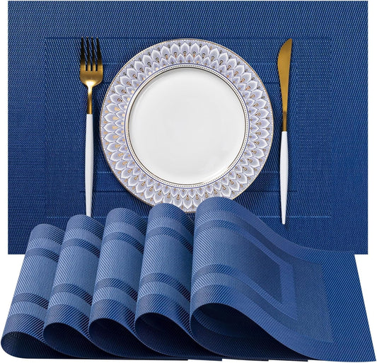 LEXMORE Placemats Set of 12 Vinyl/Plastic Woven Place Mats for Kitchen Table Indoor/Outdoor Washable Placemat Wipeable Dining Table Mats(G-Navy Cube)