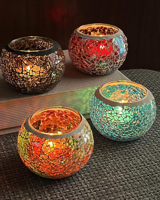 SHMILMH Mosaic Glass Candle Holder Set of 4, Votive Candle Holders Handmade Cracked Tealight Holders for Fall Christmas Diwali Home Decorations, Diwali Gift