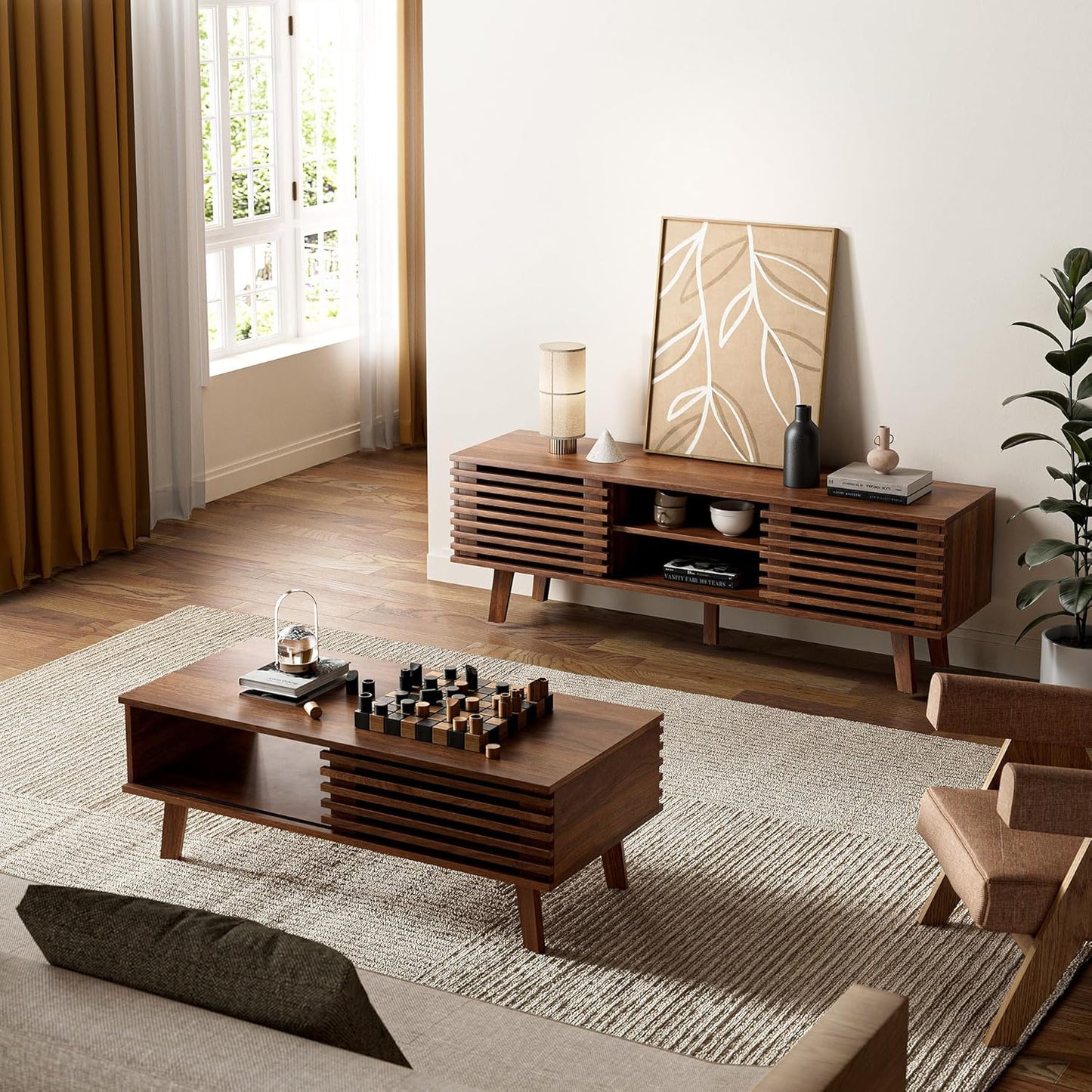 Mid Century Coffee Table with Storage & Sliding Fence Door, Modern Coffee Tables for Living Room, Walnut Finish