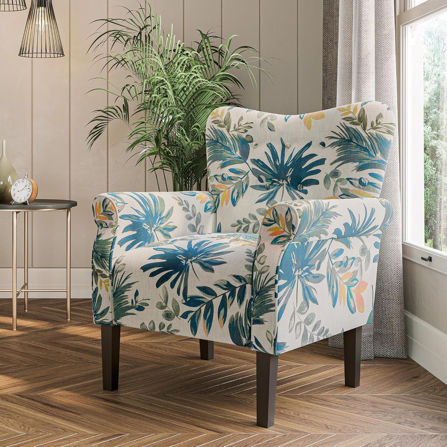 BELLEZE Modern Accent Chair for Living Room, High Back Floral Armchair w/Wooden Legs, Upholstered Wingback Side Chair Padded Armrest Single Sofa for Living Room, Bedroom - Allston (Green Blue Floral)