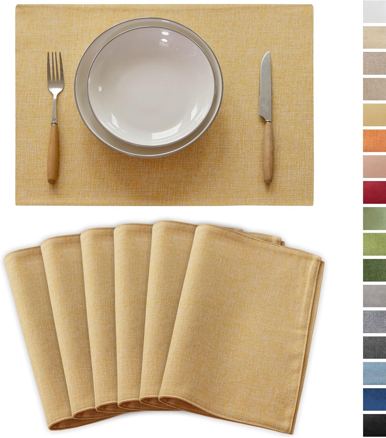 Demetex Placemats Set of 6 Yellow Table Mats Linen Fabric Placemats Heat Resistant Cloth Place Mats for Dining Kitchen Table, Yellow
