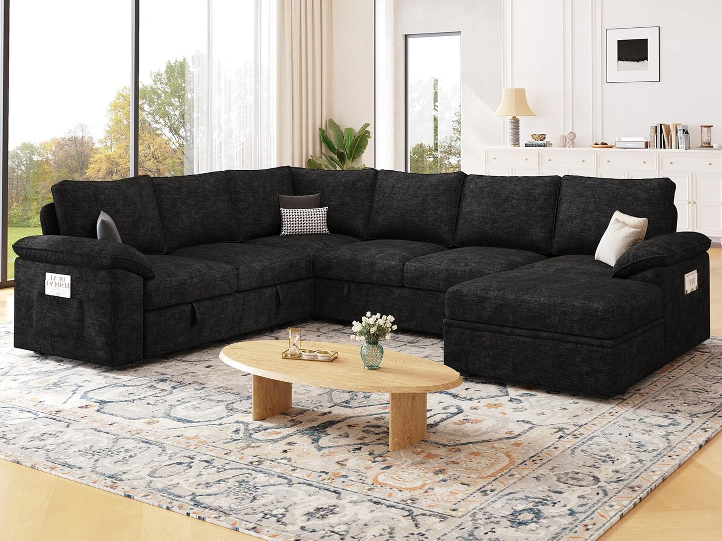 108 Inch Modular Sectional Sofa with Pull Out Bed,U Shaped 7 Seat Sectional Sleeper Sofa with Storage,Sectional Couches for Living Room,Cloud Modular Couch,Removable Sofa Cover,Black