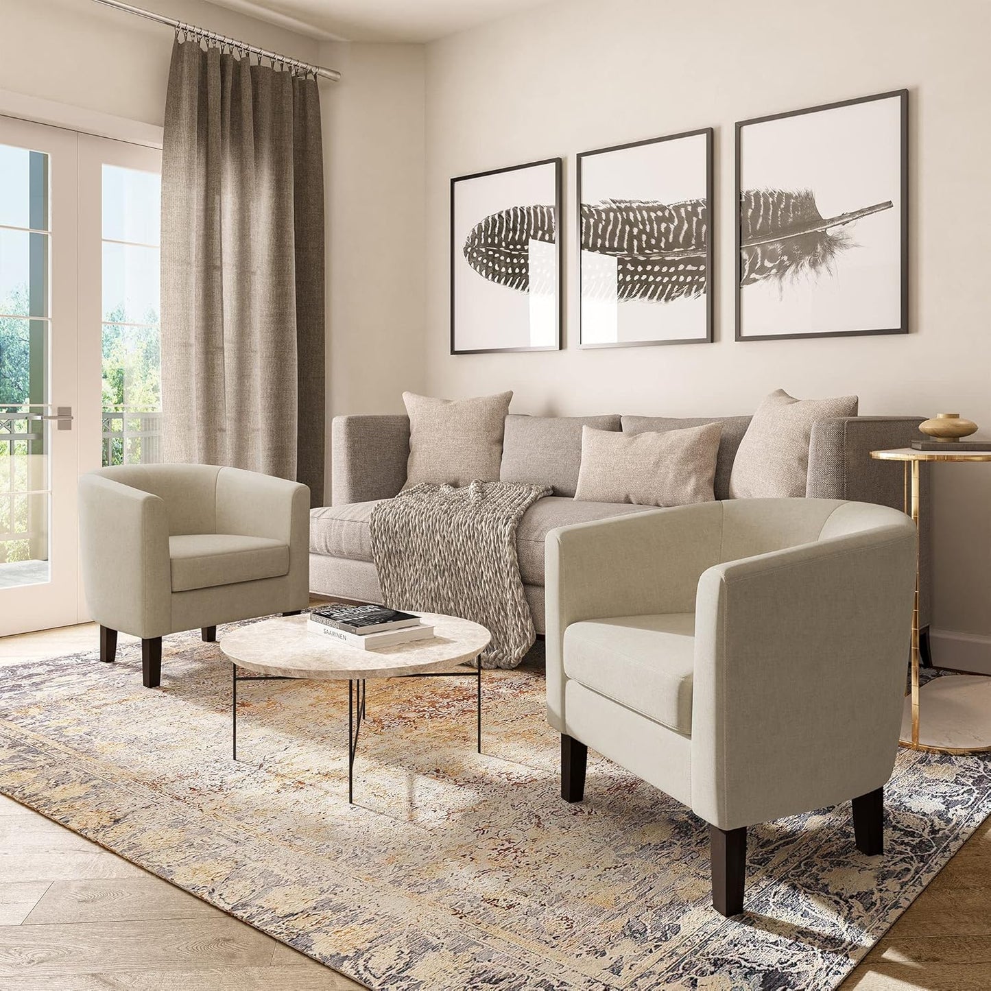 BELLEZE Accent Barrel Chair, Faux Leather Round Club Tub Sofa Corner Chair with Flared Legs and Cozy Soft Padding for Living Room Bedroom Waiting Room - Beige