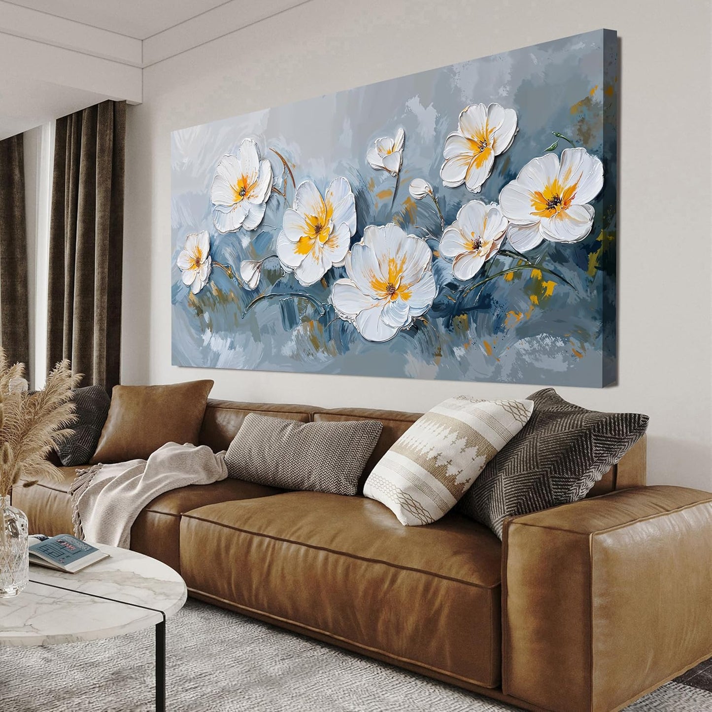 KUPTEU Canvas Wall Art Decor Large Wall Art Pictures for Living Room White Flowers Wall Art Prints Canvas Art Wall Decor Hallway Decorations Artwork for Walls Bedroom Home Aesthetic Decor 24" X 48"