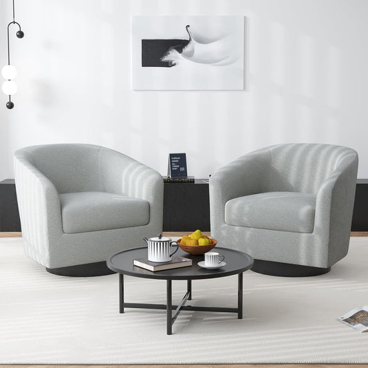 Swivel Barrel Accent Chair, Modern Round Chenille Fabric Arm Chair for Living Room, Bedroom, Comfy Club Reading Chairs for Adults（Chenille Fabric, Light Grey, Set of 2