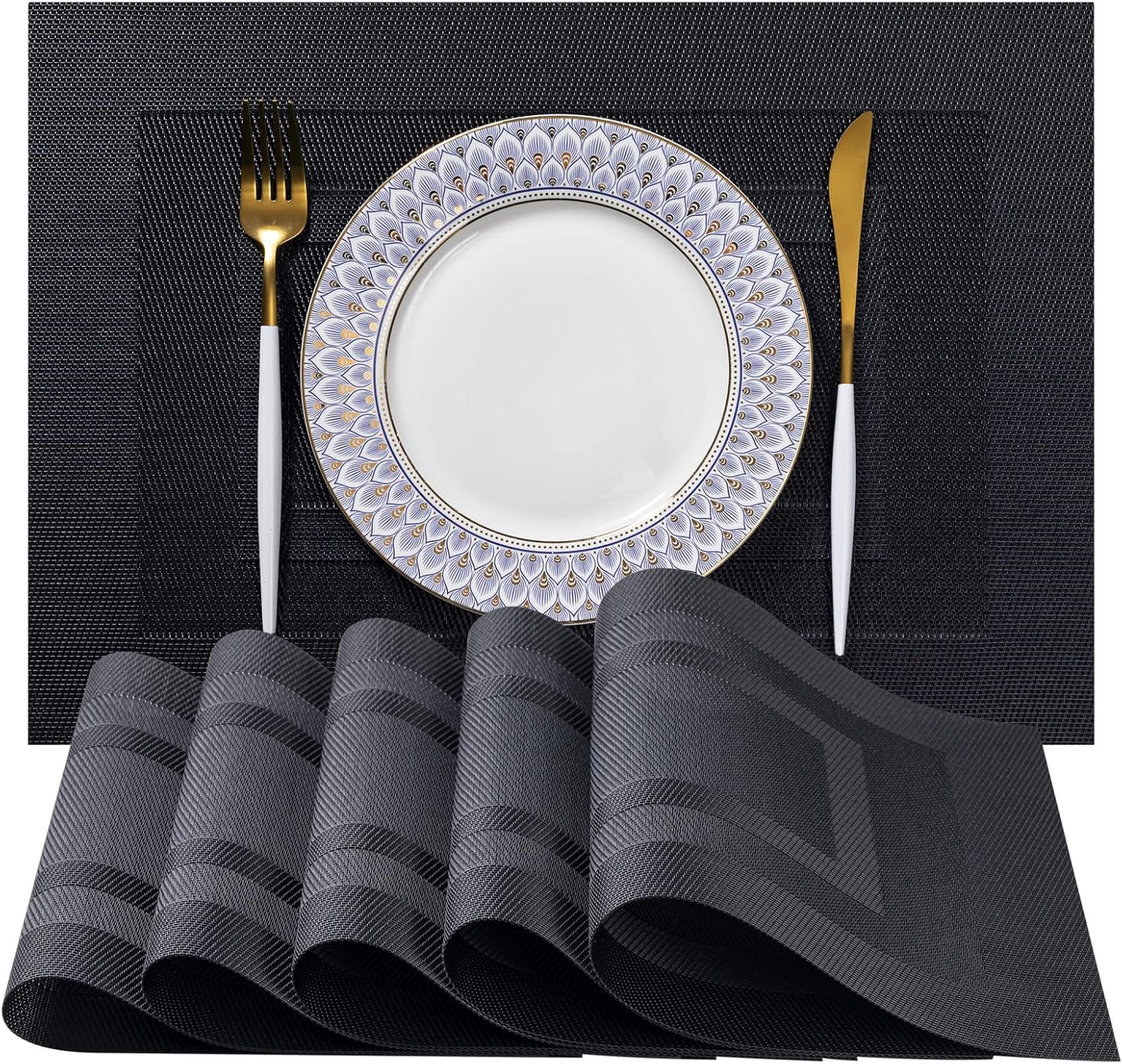 LEXMORE Placemats Set of 8 Vinyl/Plastic Woven Place Mats for Kitchen Table Indoor/Outdoor Washable Placemat Wipeable Dining Table Mats(Black Cube)