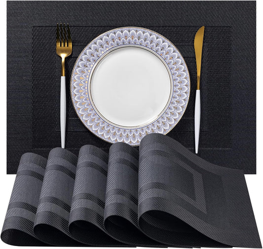 LEXMORE PlaceMats Set of 12 Vinyl/Plastic Woven Place Mats for Kitchen Table Indoor/Outdoor Washable PlaceMat Wipeable Dining Table Mats(Black Cube)