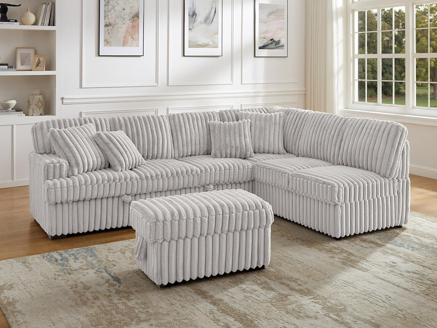 THSUPER 113-Inch Oversized L Shaped Plush Corduroy Fluffy Sectional Sleeper Sofa with Pull Out Bed and Storage Ottoman - Off-White