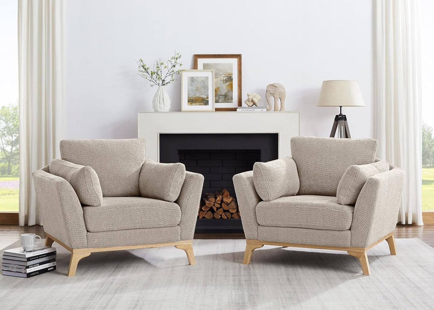 Large-Sized Accent Chair, Thick Cushion Bedroom Reading Chair, Comfortable Living Room Single Sofa， Boucle Camel