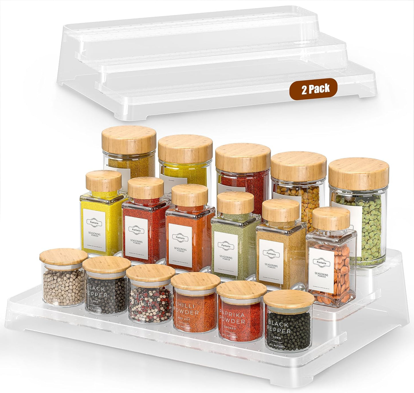 MUDEELA 2 Pack 3 Tier Spice Rack Organizer for Cabinet 11.6-Inch Spice Organization for Pantry, Non-Skid Spice Shelf with Protection Railing, Versatile Seasoning Organizer for Kitchen Counter