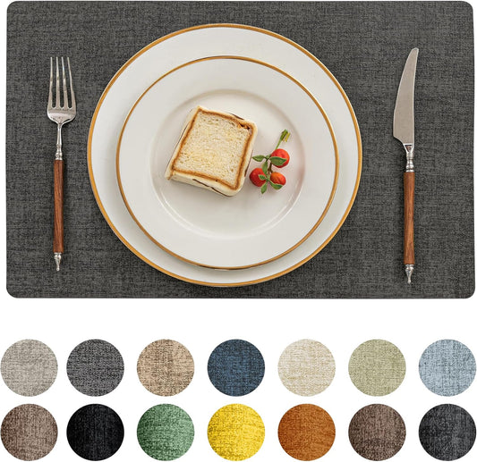 Romanstile Vinyl Placemats Set of 8-12 X 18 Inch - Heat Resistant Place Mats 100% Waterproof Oilproof Wipeable Reversible Faux Leather Table Mats for Kitchen/Dining/Party/Outdoor, Charcoal