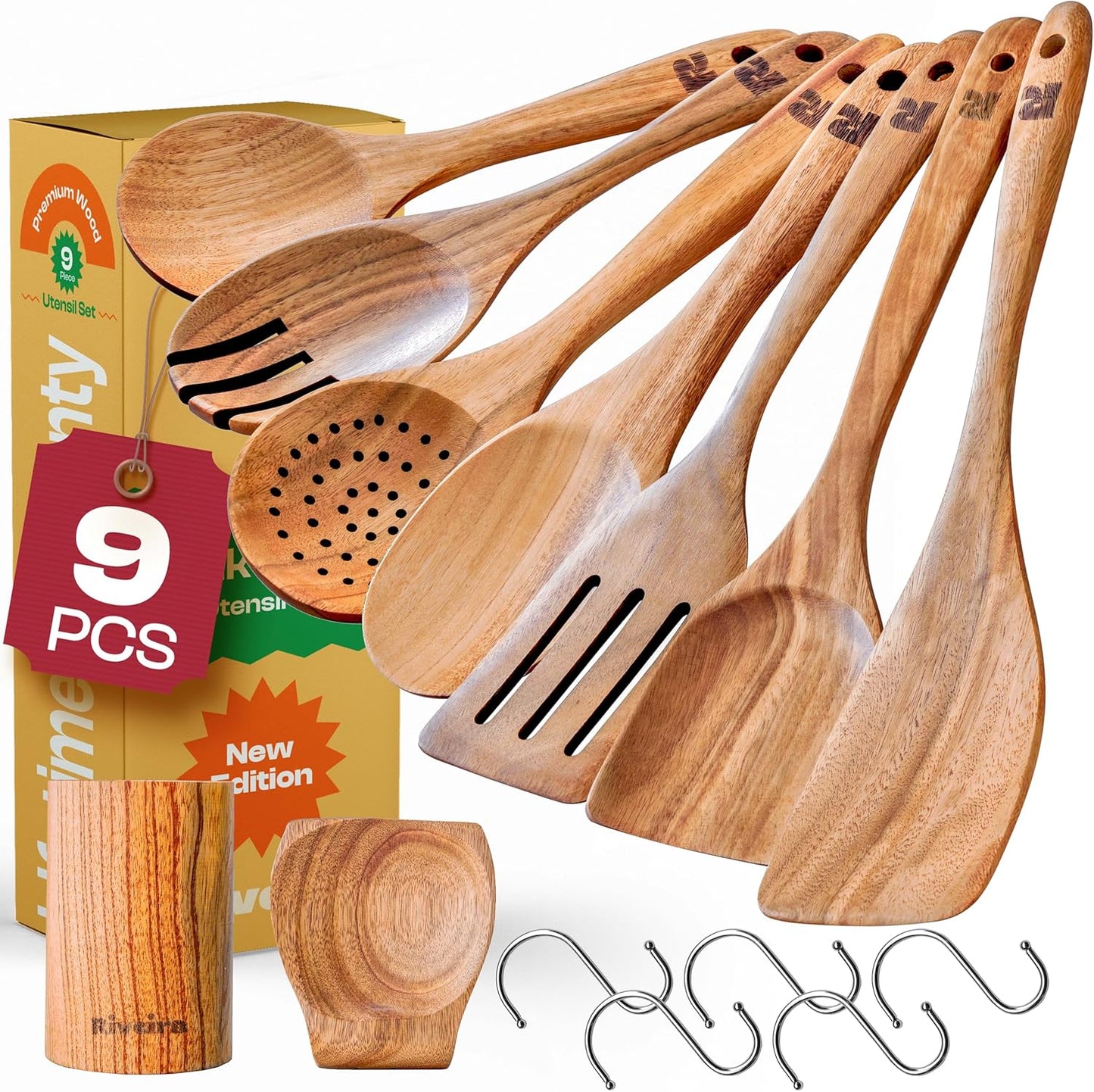 Riveira 9 Pieces Teak Wooden Spoons For Cooking – Premium & Durable Organic Teak Wooden Cooking Utensils – Non Stick Wooden Spatula For Cooking – Non Toxic Utensil Set With Holder & Spoon Rest