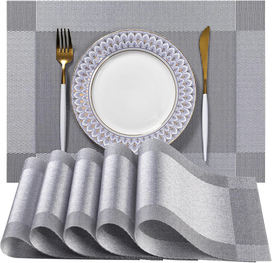 LEXMORE Placemats Set of 8 Vinyl/Plastic Woven Place Mats for Kitchen Table Indoor/Outdoor Washable Placemat Wipeable Dining Table Mats(Silver Cube)