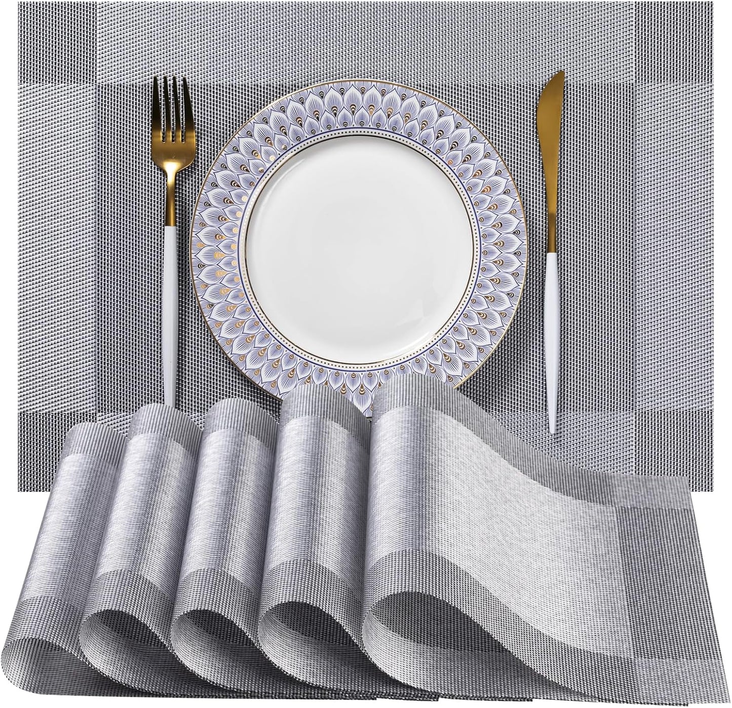 LEXMORE Placemats Set of 4 Vinyl/Plastic Woven Place Mats for Kitchen Table Indoor/Outdoor Washable Placemat Wipeable Dining Table Mats(Silver Cube)