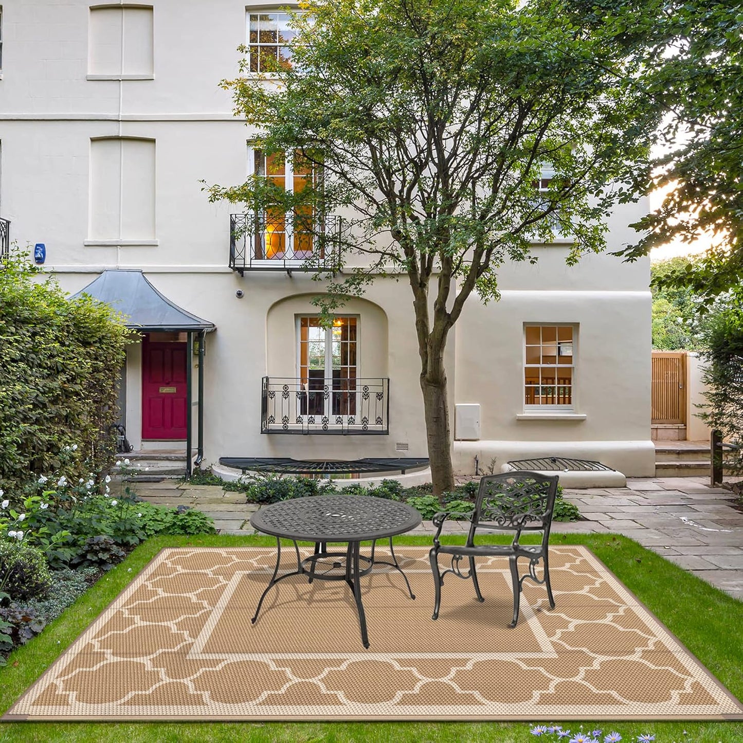 GENIMO 6' x 9' Outdoor Rug Waterproof for Patio Decor, Foldable Reversible Plastic Straw Area Rugs Mat for Camper, Outside Carpet for Rv, Deck, Porch, Picnic, Beach, Balcony, Brown & Beige