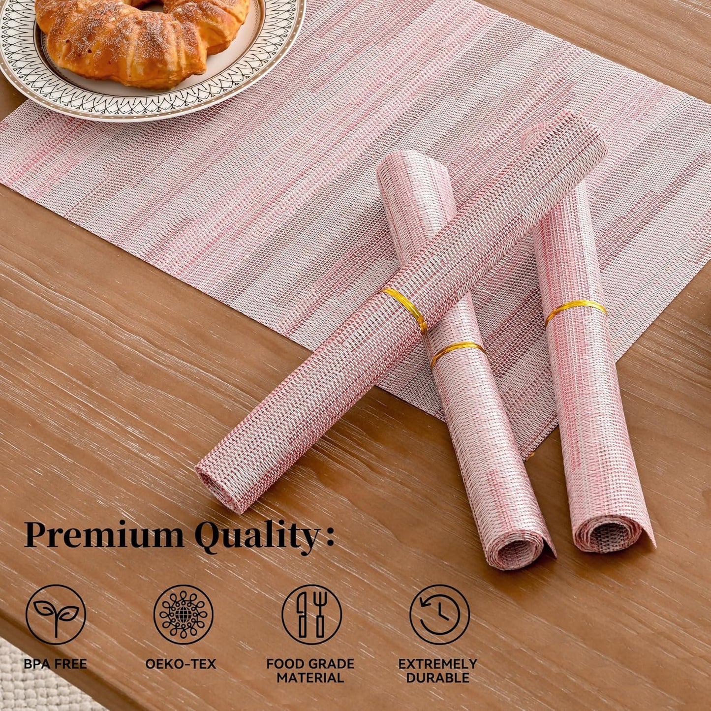 Leetaltree Misty Rose Placemats Set of 8 - Heat Resistant Non-Slip Place mats for Dining Table, Washable Durable PVC Vinyl Woven Table Mats（Misty Rose, 8）