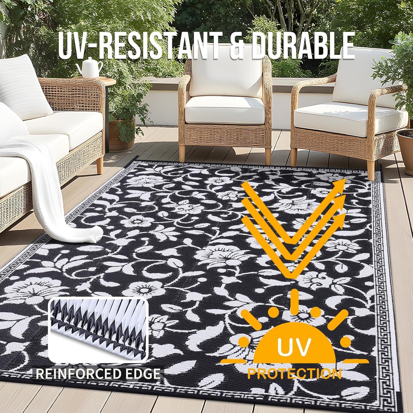 OLANLY Waterproof Outdoor Rug 8x10 ft, Outdoor Plastic Straw Rug with Flower Pattern, Reversible RV Mat for Patio, Camping, Balcony, Deck, Backyard, Black & White