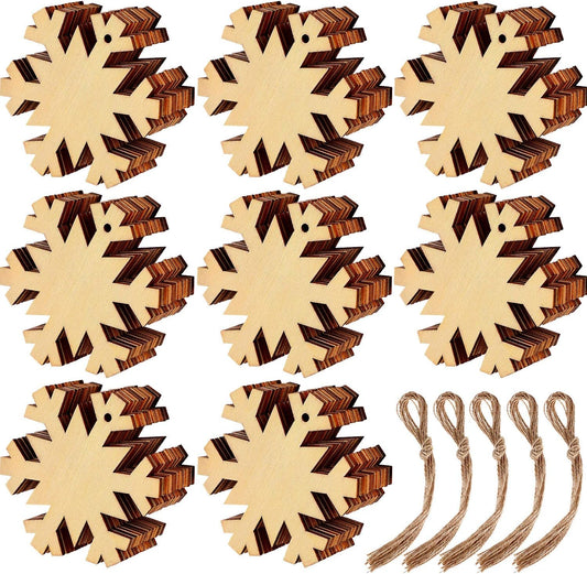 Blulu 60 Pieces Christmas Wooden Ornaments Round Wood Slices Snowflake Angel Shape with Cords for DIY Crafts New Year Christmas Tree Pendant Ornaments