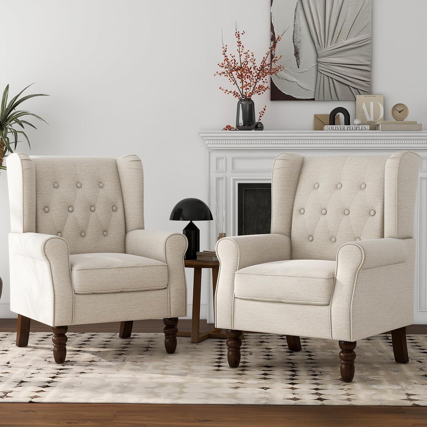 Lumibee High Back Accent Chair Set of 2,Upholstered Wingback Armchair with Solid Wood Legs for Small Spaces,Comfy Single Sofa Chair for Living Room,Bedroom,Office-Beige