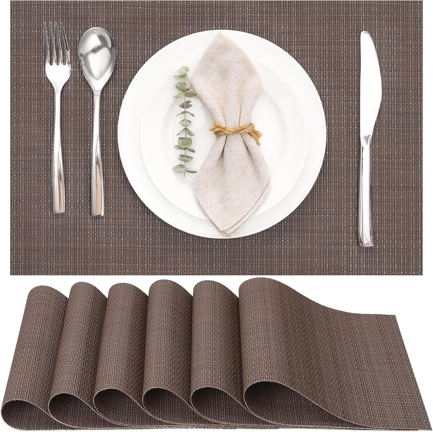 Myir JUN Placemats Set of 6, Vinyl Woven Placemats Place Mats Indoor Washable Table Mats Non-Slip Place mats for Dining Table (Coffee, Set of 6)