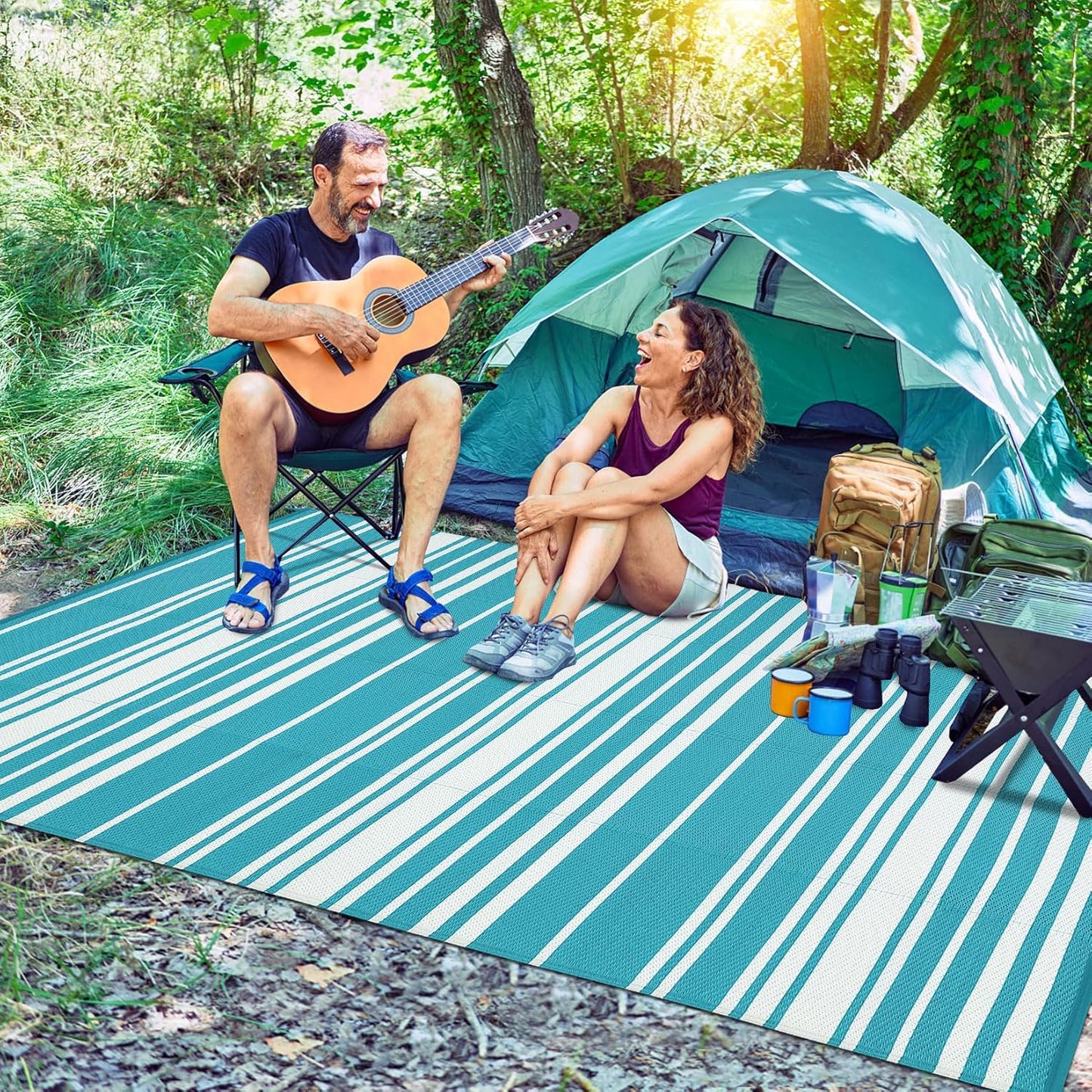 Outdoor Patio Rug 9x12 Stain-Resistant Reversible Camping Mat, Modern Striped Outdoor Plastic Straw Rug, Waterproof Outside Carpet, Easy to Clean for RV, Porch, Deck, Balcony, Light Blue