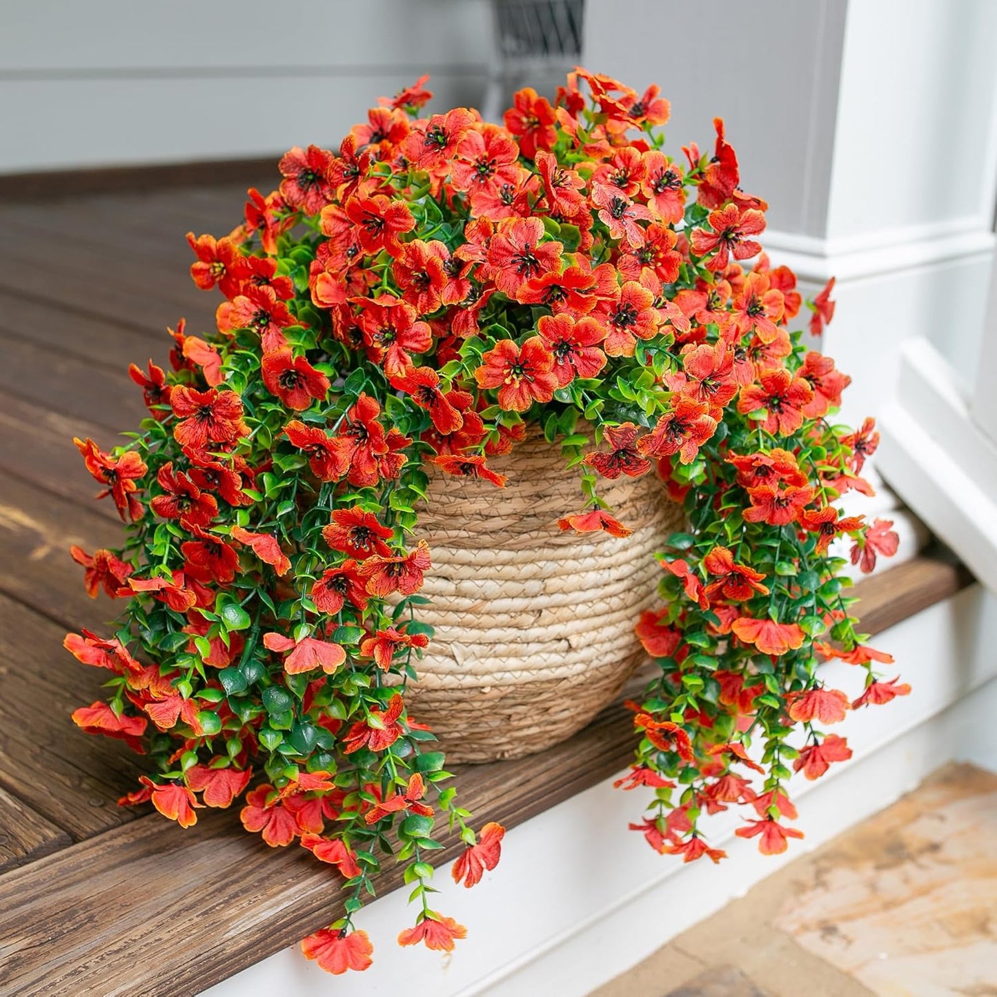 INSPRING Fall Fake Mums Artificial Flowers Hanging Decoration for Outdoors, 2Pcs Orange Daisy with Autumn Eucalyptus Leaves, Realistic Plants Decor, Silk Flower for Porch Patio Balcony Planter Yard