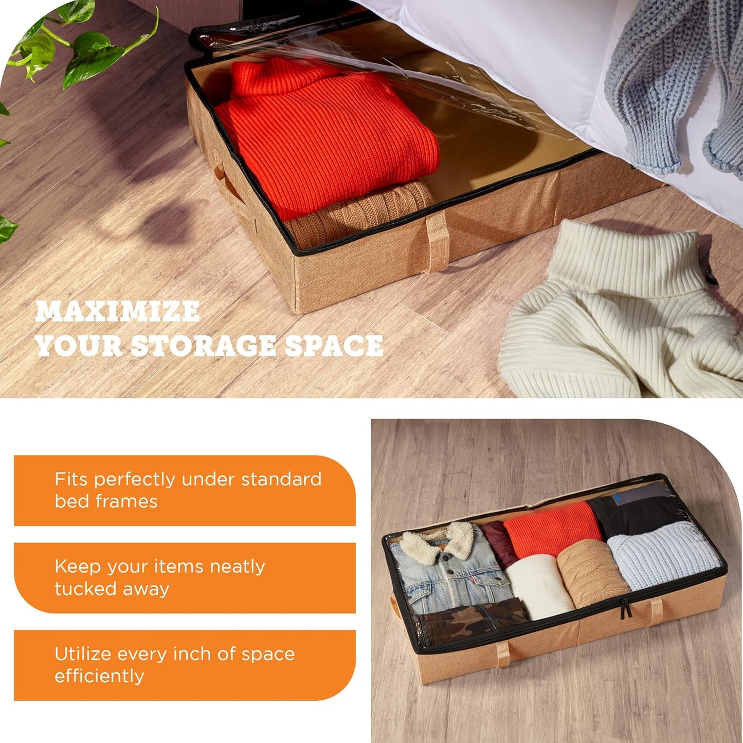 storageLAB Under Bed Storage Containers, Closet Organizers with Sturdy Handles for Clothes, Comforters, and Accessories, Use Under or at the End of the Bed - 2 Pack, Reinforced, Beige