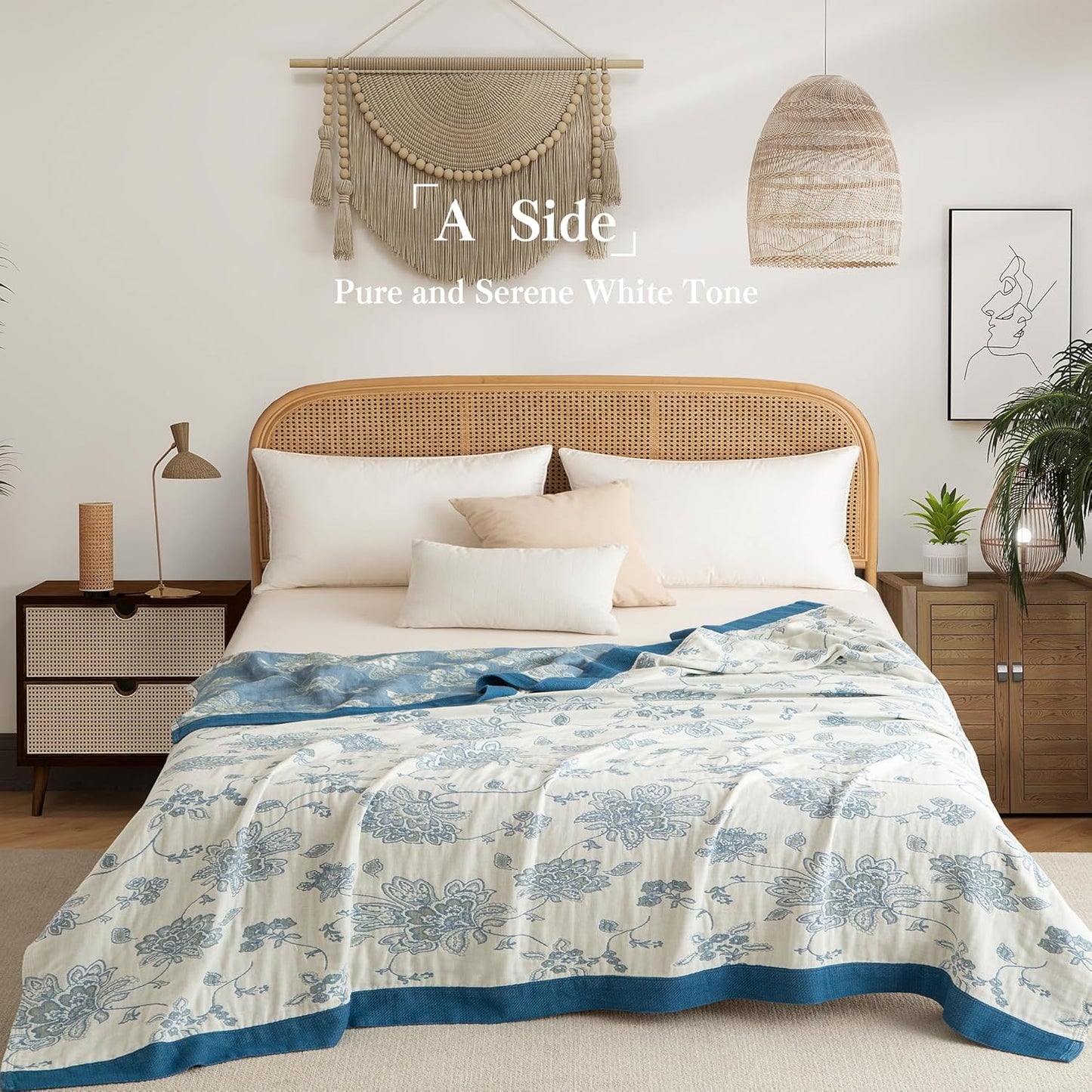 Boho Throw Blanket Twin Size, Soft Cozy Cotton Muslin Quilt Blanket for Bed Decor, Floral Patterned Couch Sofa Chair Cover, Vintage Farmhouse Cottage Tapestry Woven Blanket, Blue and White