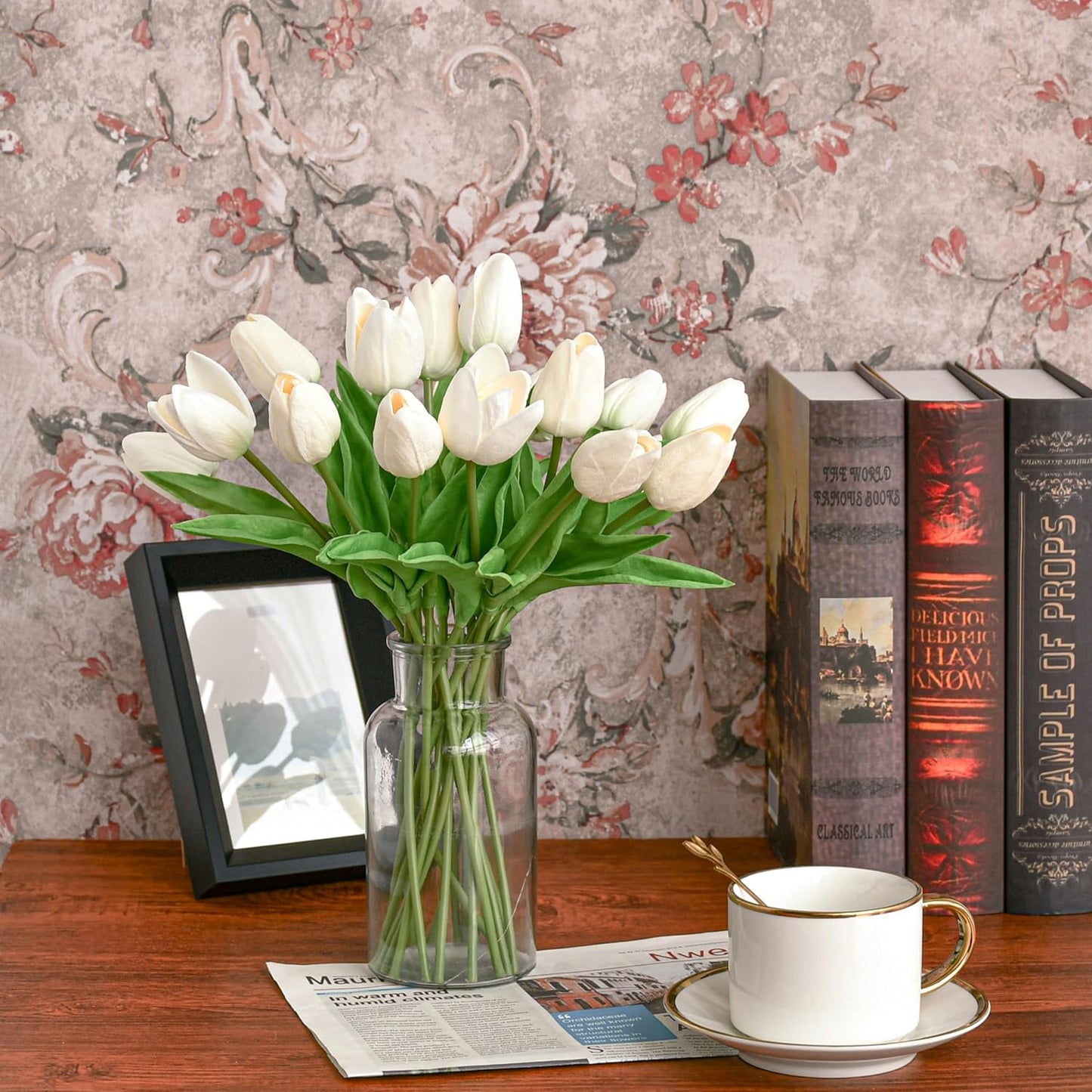 Mandy's Artificial Tulips 60 Stems White PU Faux Flowers for Wedding Home Decor 13.5 Inch