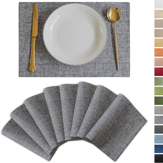 Demetex Grey Textured Linen Placemats Set of 8 Classic Place Mats Heat Resistant Cloth Table Placemat for Dinner Gathering Buffet, 13x19 inch, Ash Grey