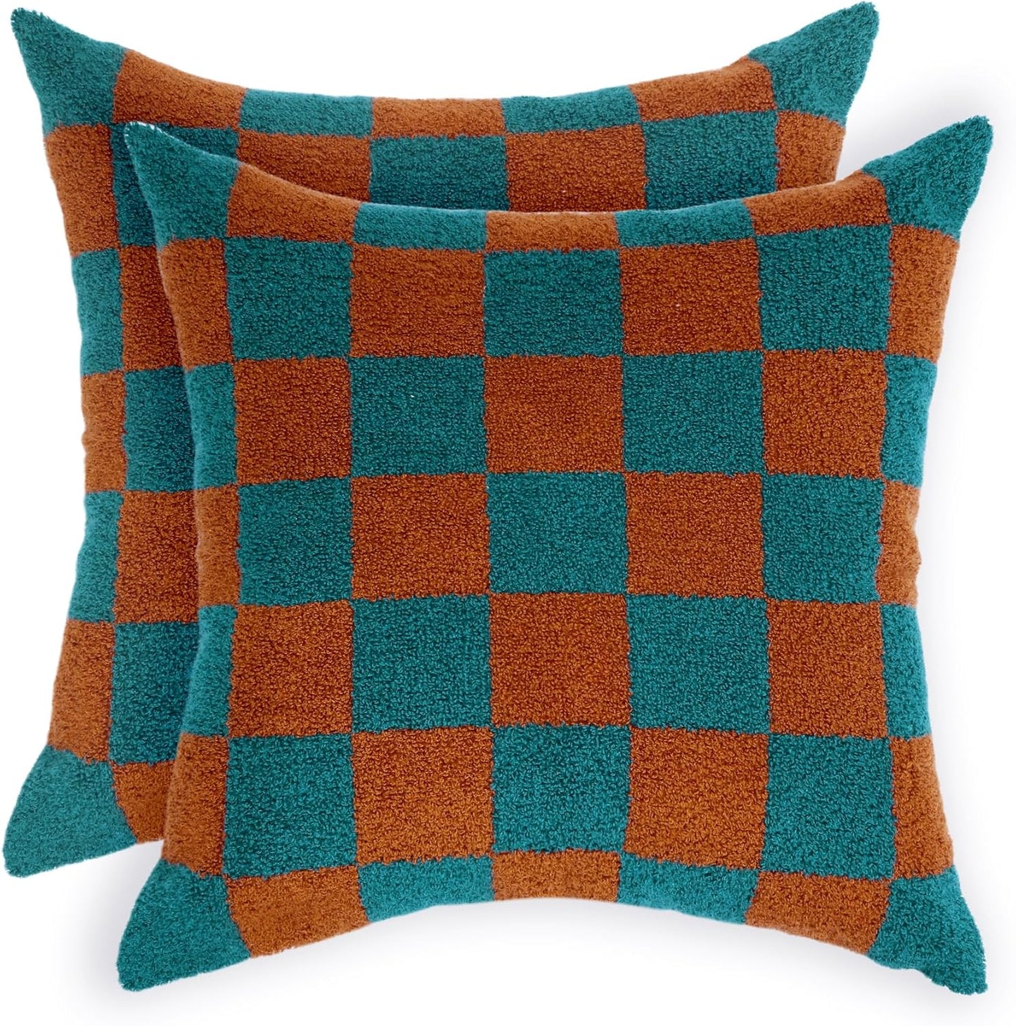 Alysheer Checkered Embroidered Decorative Throw Pillow Covers 18"x 18" Set of 2, Farmhouse Cottage Teal Brown Plaid Tufted Patterned Cotton Canvas Cushion Case for Sofa Couch Bed Living Room