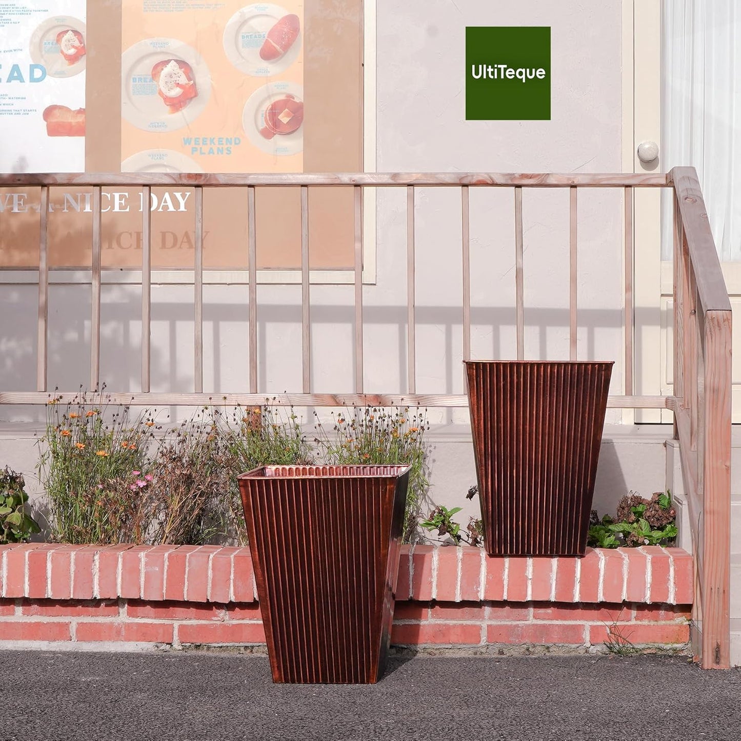 18in Vintage Handmade Metal Vertical Lines Copper Tapered Planters Set of 2, Galvanized Steel Planter Box with Drainage Hole for Indoor/Outdoor/Porch/Garden