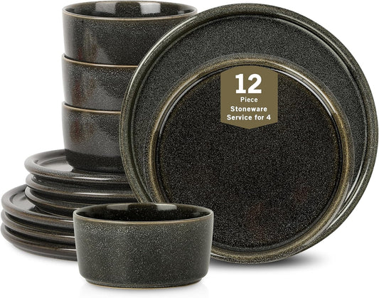 Stone Lain Eden 12-Piece Dinnerware Set Stoneware, Plates and Bowls Set, Dishwasher and Microwave Safe Dish, Dish Set for 4, Charcoal Grey