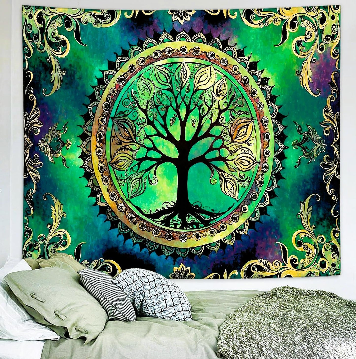 Delur Tree of Life Tapestry Green Nature Bohemian Mandala Spiritual Tapestry Wall Hanging Mystical Landscape Hippie Psychedelic Headboard for Bedroom Living Room Home Decor (59.1" x 78.7")