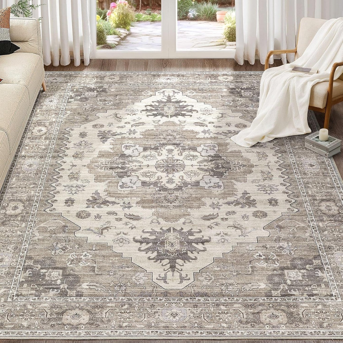 Washable Area Rugs for Living Room -8x11 Neutral Vintage Distressed Floral Farmhouse Boho Large Soft Floor Rug Indoor Non Slip Carpet for Living Room Bedroom Dining Room Office-Brown/Beige