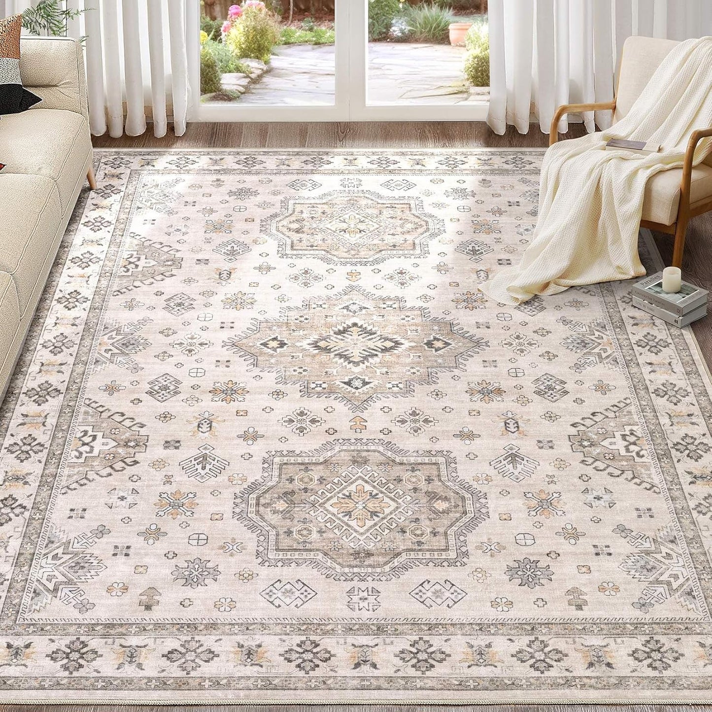 Washable Area Rugs for Living Room -10x14 Neutral Vintage Distressed Floral Farmhouse Boho Large Soft Floor Rug Indoor Non Slip Carpet for Living Room Bedroom Dining Room Office-Beige Brown