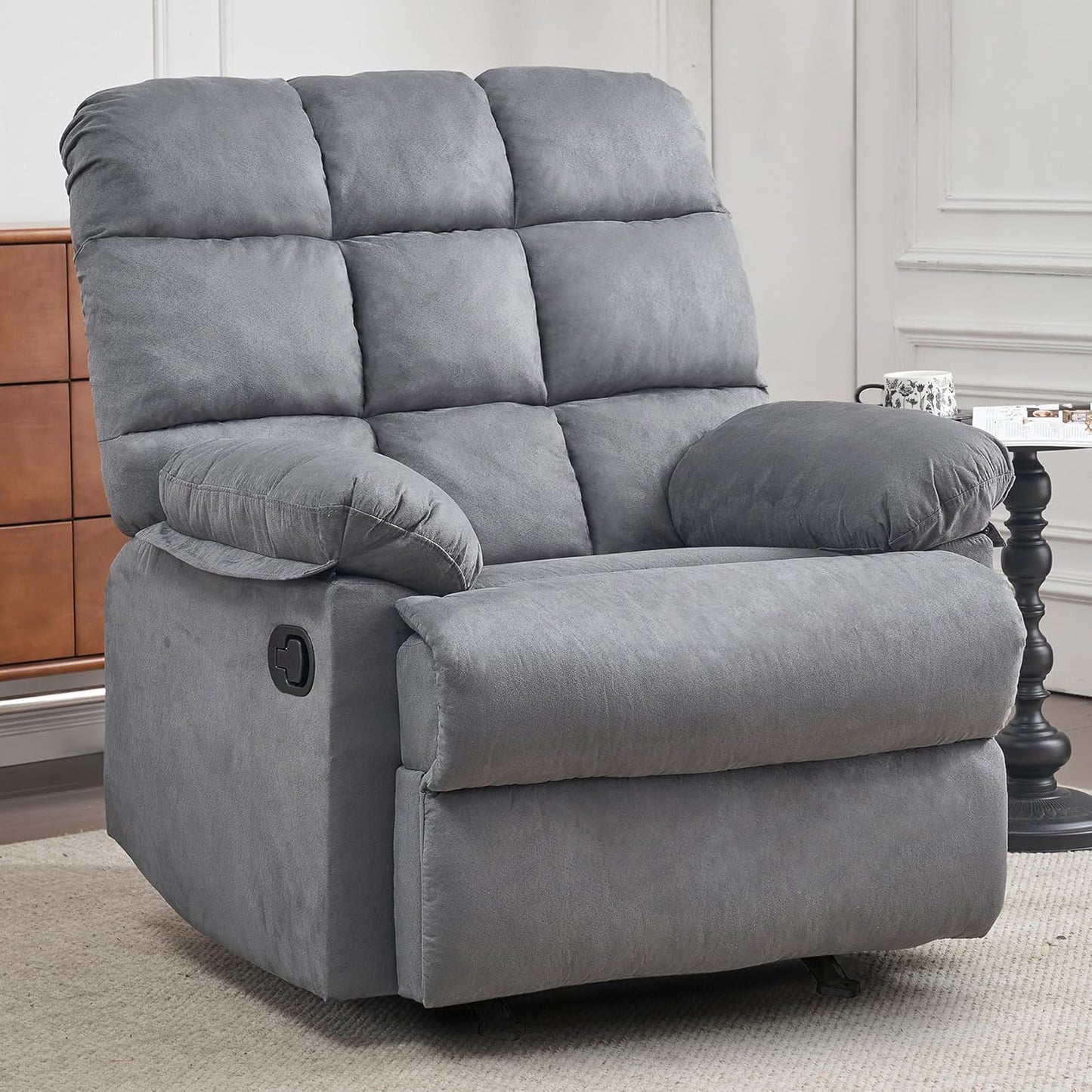 Rocker Recliner Chair, Overstuffed Manual Rocking Recliner for Adults, Upholstered Comfy Soft Fabric Living Room Reclining Sofa Chair(Gray)