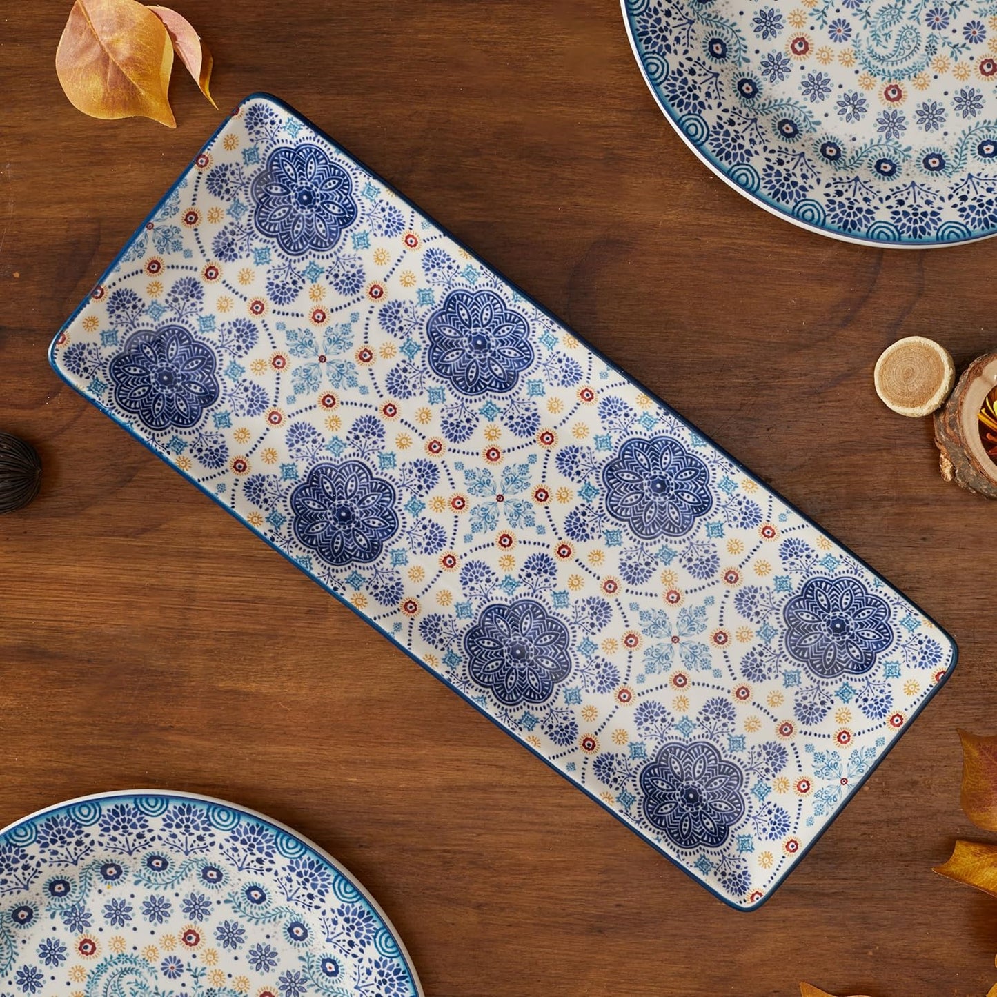 Bico Blue Talavera Ceramic 14 inch Rectangular Serving Platter, Set of 2, for Serving Salad, Pasta, Cheese, Ham, Appetizer, Microwave & Dishwasher Safe