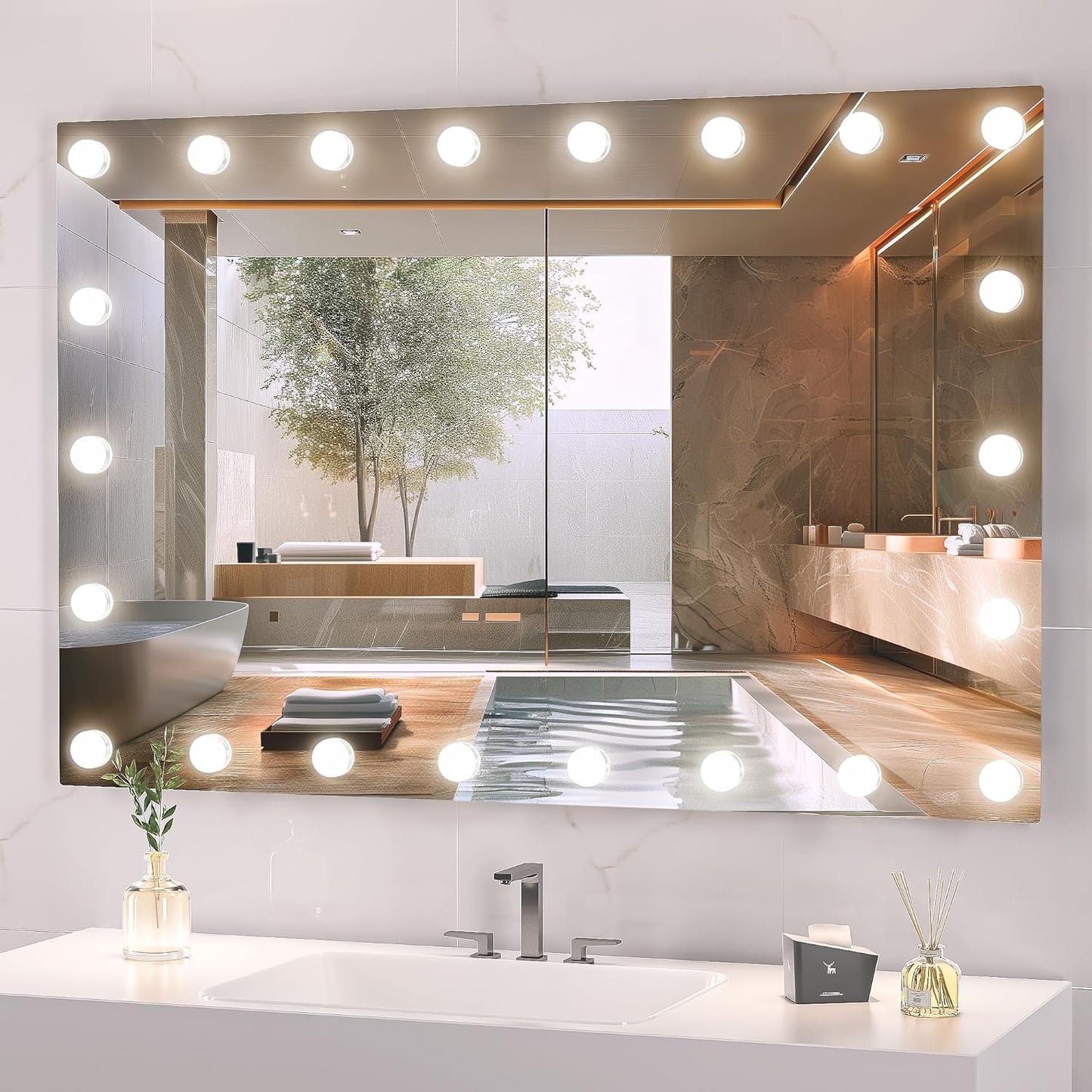 Hasipu LED Bathroom Mirror with Lights, 47" x 32" Hollywood Wall-Mounted Bathroom Mirror with 22 Dimmable Bulbs, 3 Colors Modes, Touch Control, Anti-Fog, Memory Function, Shatter-Proof, ETL Listed