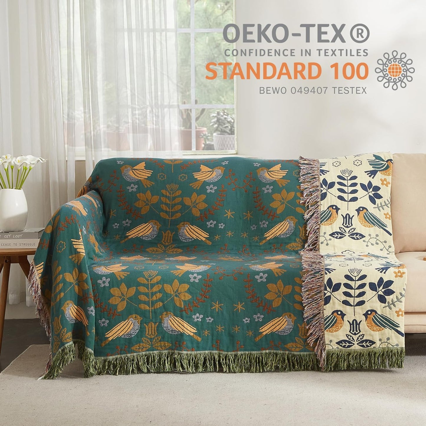 Boho Throw Blanket for Bed 80”x90”, 100% Cotton Woven Blanket for Couch Sofa, Ultra Soft 4-Layer Muslin Quilt with Bird Floral Printed, Farmhouse Bed Blanket/Cover for Living Room Decor