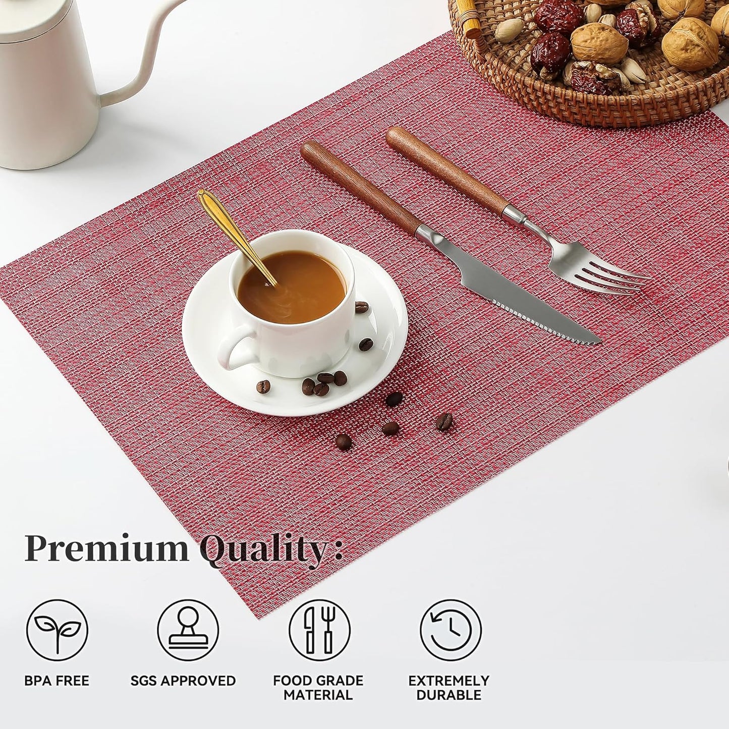 Leetaltree Red Placemats Set of 4 - Heat Resistant Non-Slip Place mats for Dining Table, Washable Durable PVC Vinyl Woven Table Mats（Red, 4）