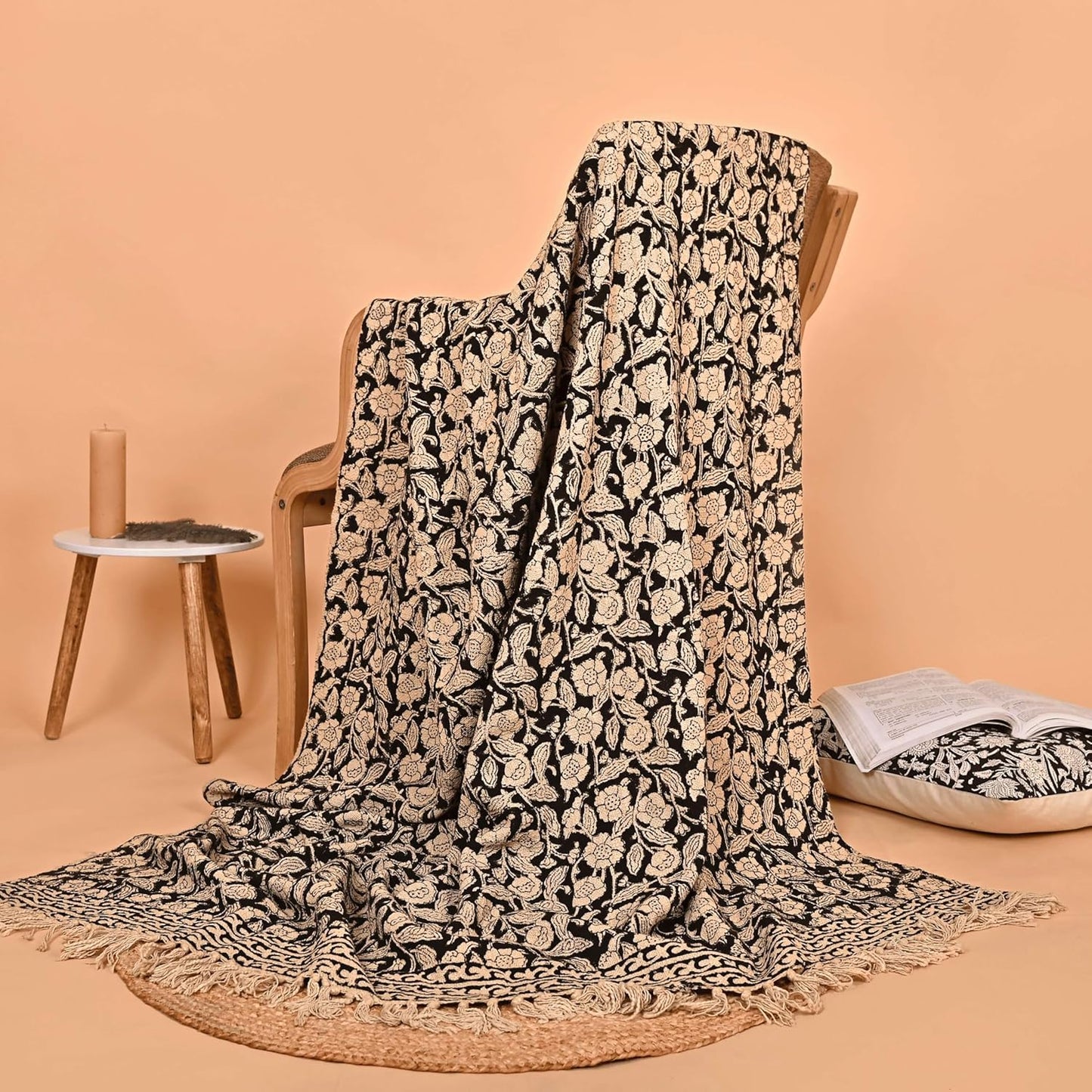 Handmade Cotton Throw Blanket 48x70 Inches | Black & Beige Floral Block Print Decorative Sofa Throw with Tassels | Large Lightweight Cotton Bedspread for Living Room, Couch, or Bedroom